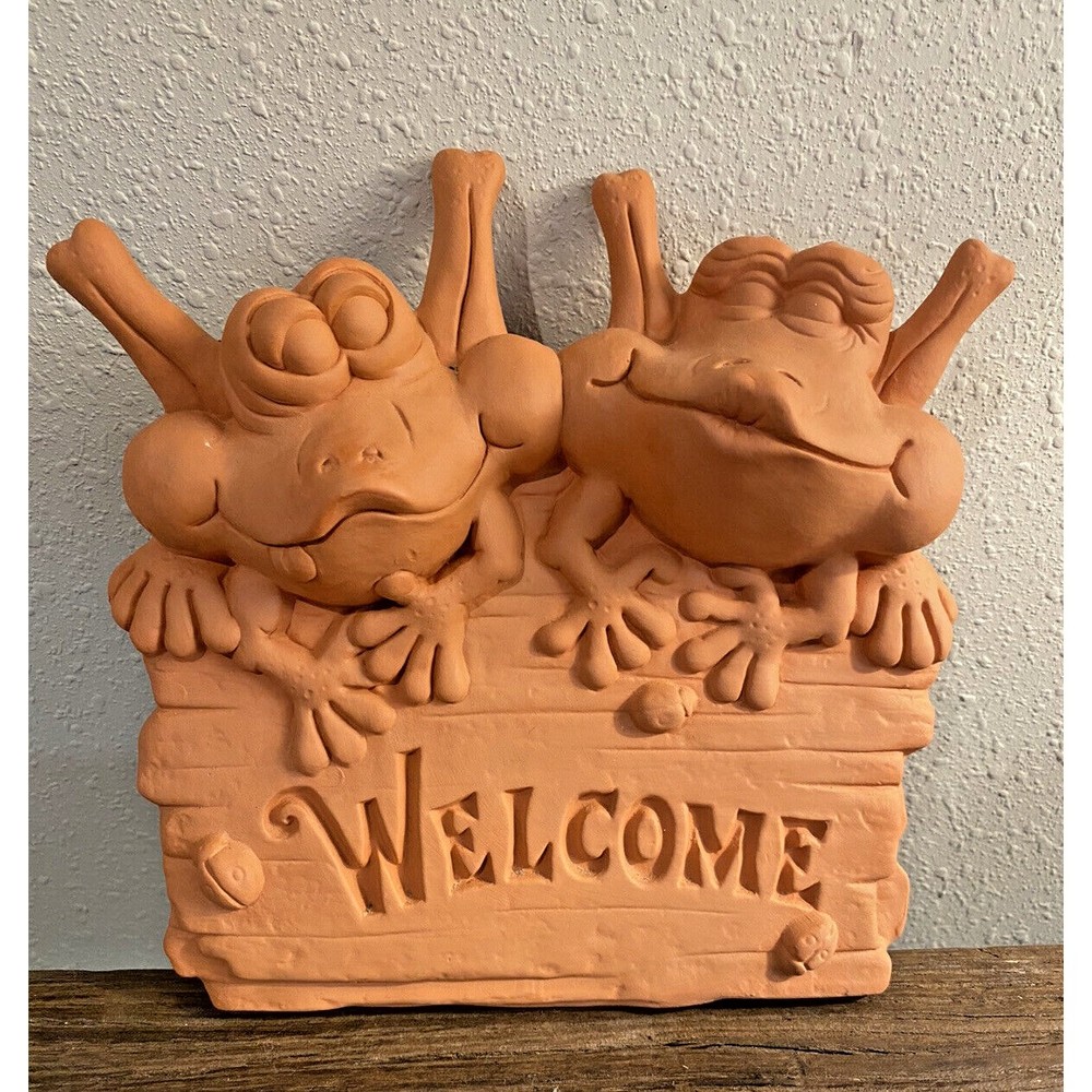 Terra Cotta Handmade Frogs Welcome Sign